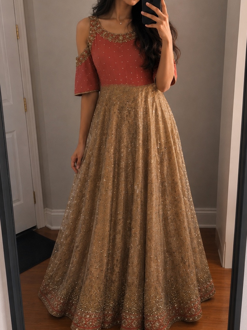 Indian Anarkali Gown with Cancan and Cold Shoulder Detail